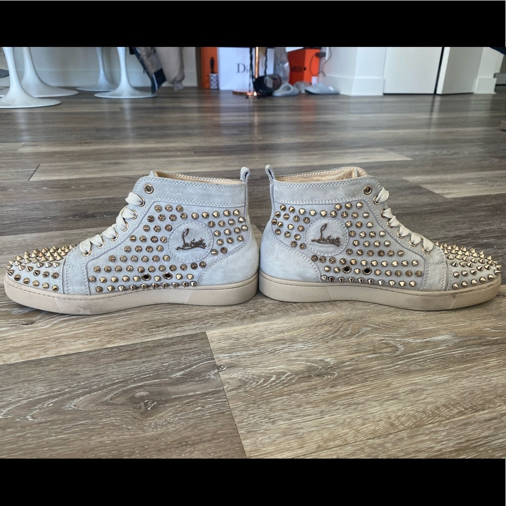 Christian Louboutin Light Gray Suede Spike High-Top Sneakers - Picture 3 of 6